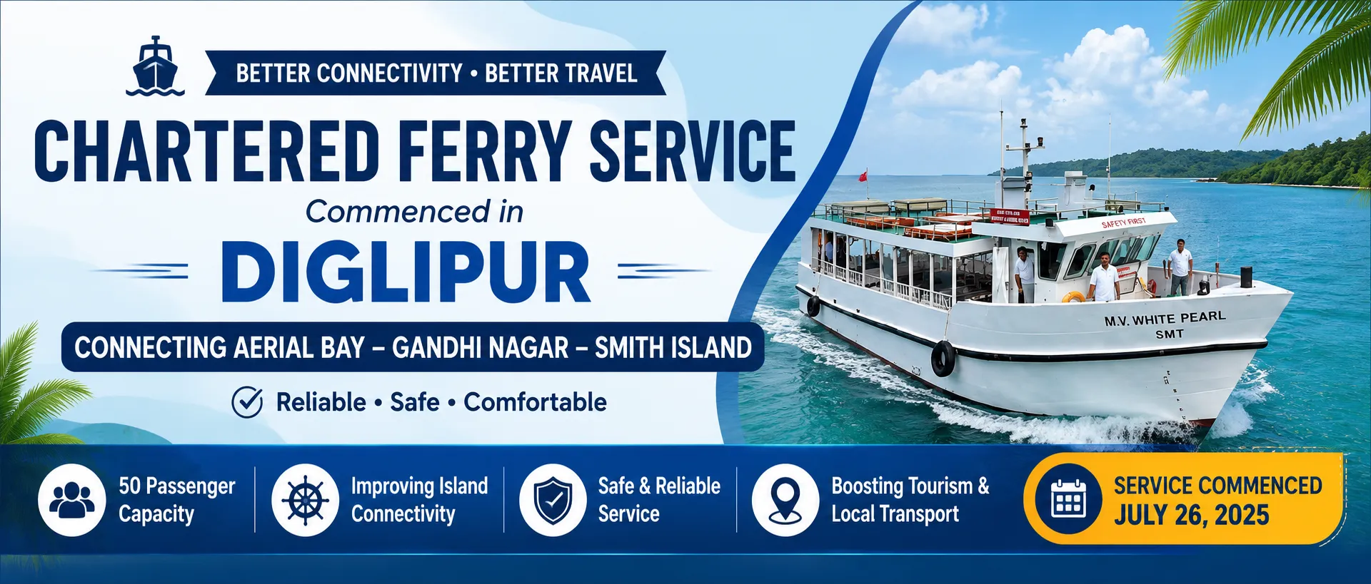 Chartered Ferry Service Starts Between Aerial Bay, Gandhi Nagar & Smith Island in Diglipur