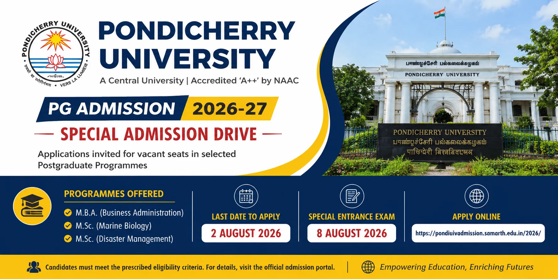 Pondicherry University Opens Special Admission for PG Programmes 2026–27